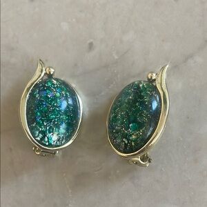 Elegant Green Dragon’s Breath’s stone in Gold Clip-On Earrings